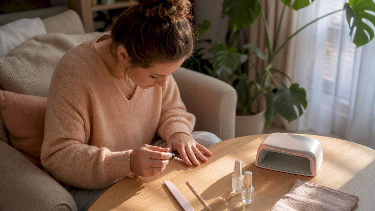 Een vrouw is haar gelnagels aan het doen aan de keukentafel.