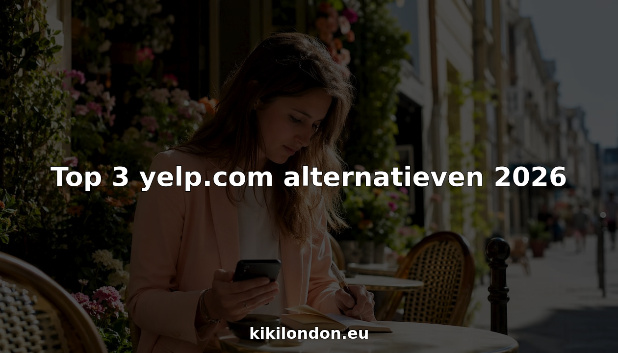 Vrouw zit in een café en zoekt via haar smartphone naar alternatieven voor Yelp.