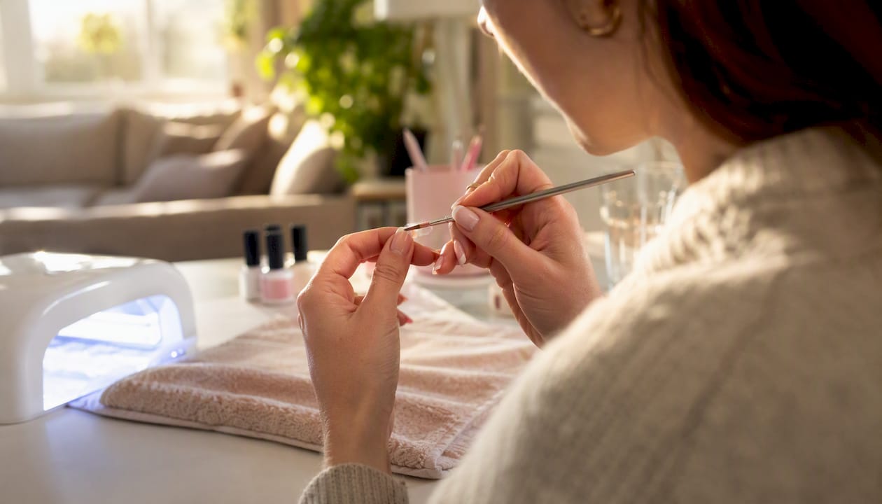Detailopname van het bijvullen van BIAB nagels thuis