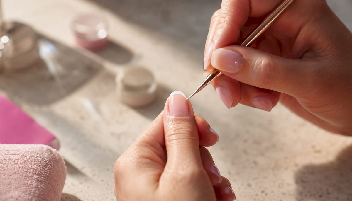 Hand die een dunne French tip aanbrengt